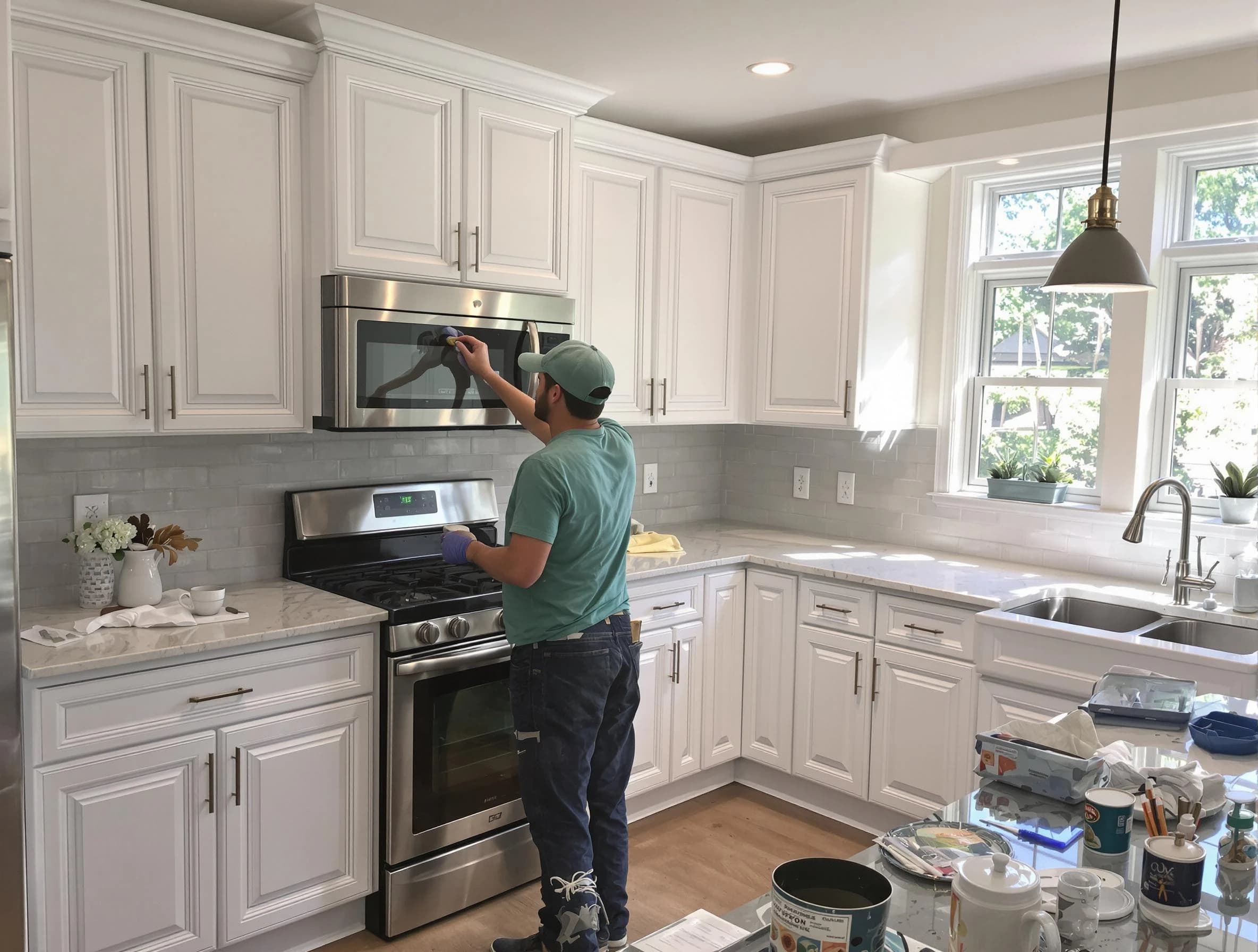 Kitchen cabinets being refinished by Macedonia House Painters in Macedonia, OH