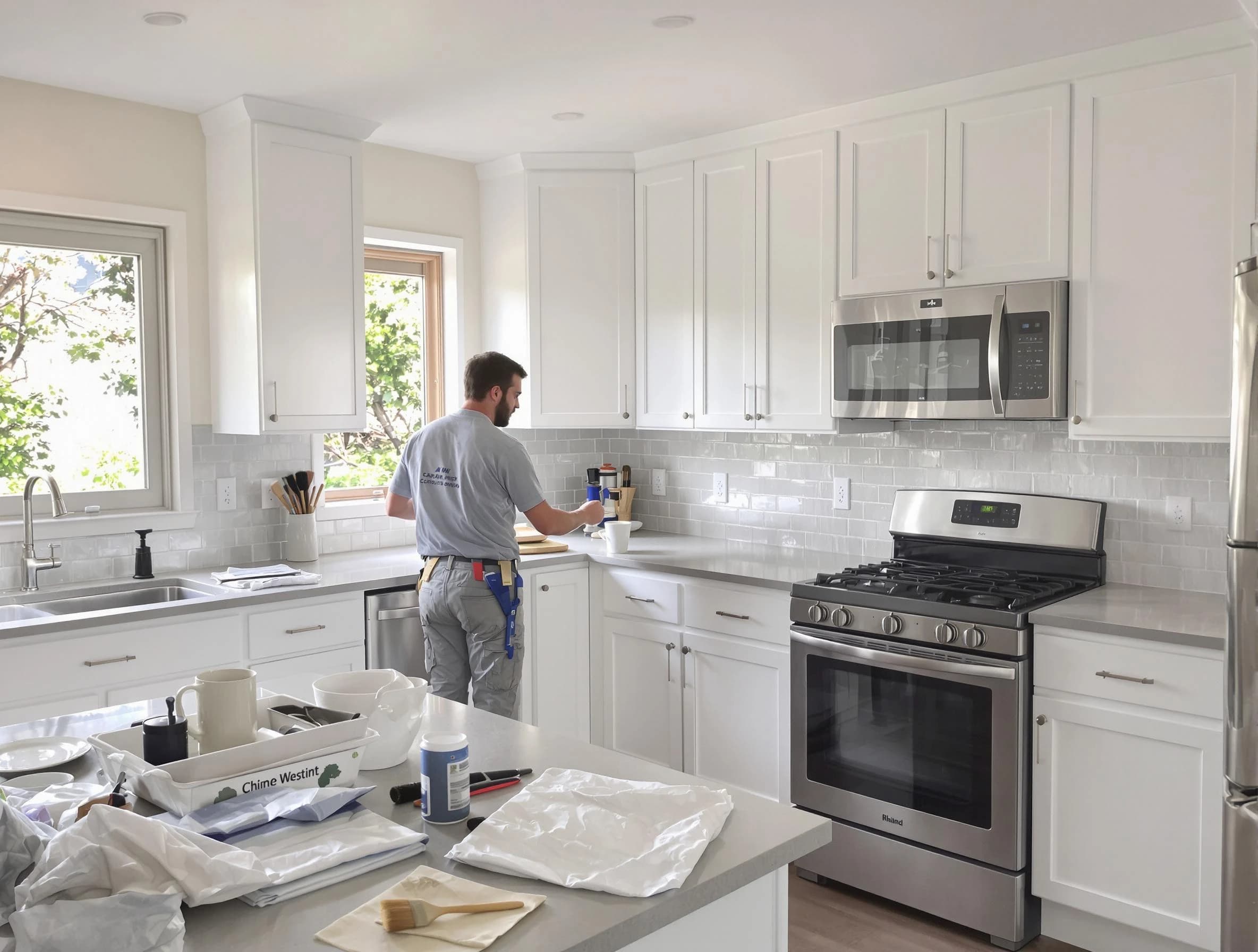 Macedonia House Painters applying fresh paint on kitchen cabinets in Macedonia