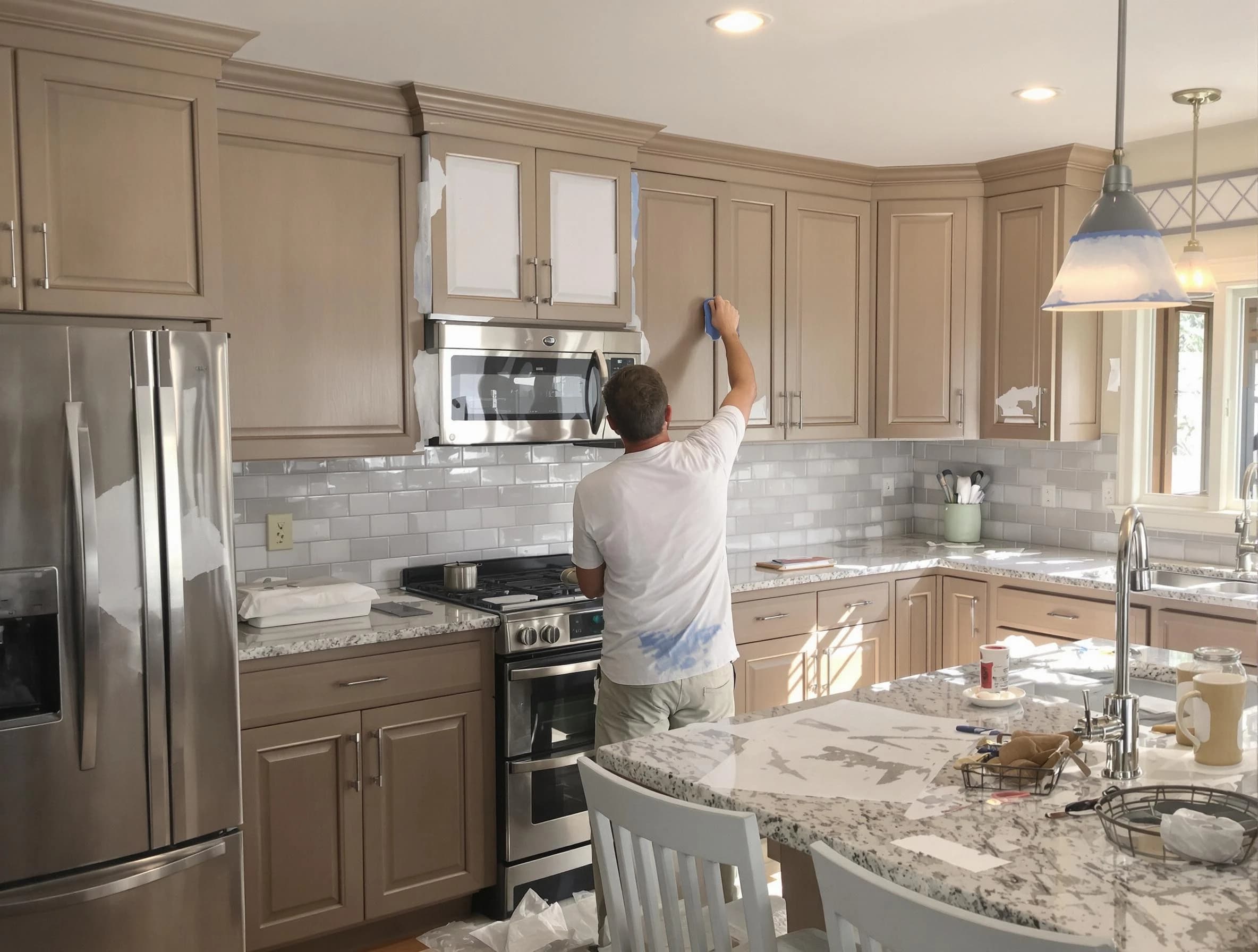 Before-and-after view of kitchen painting by Macedonia House Painters in Macedonia