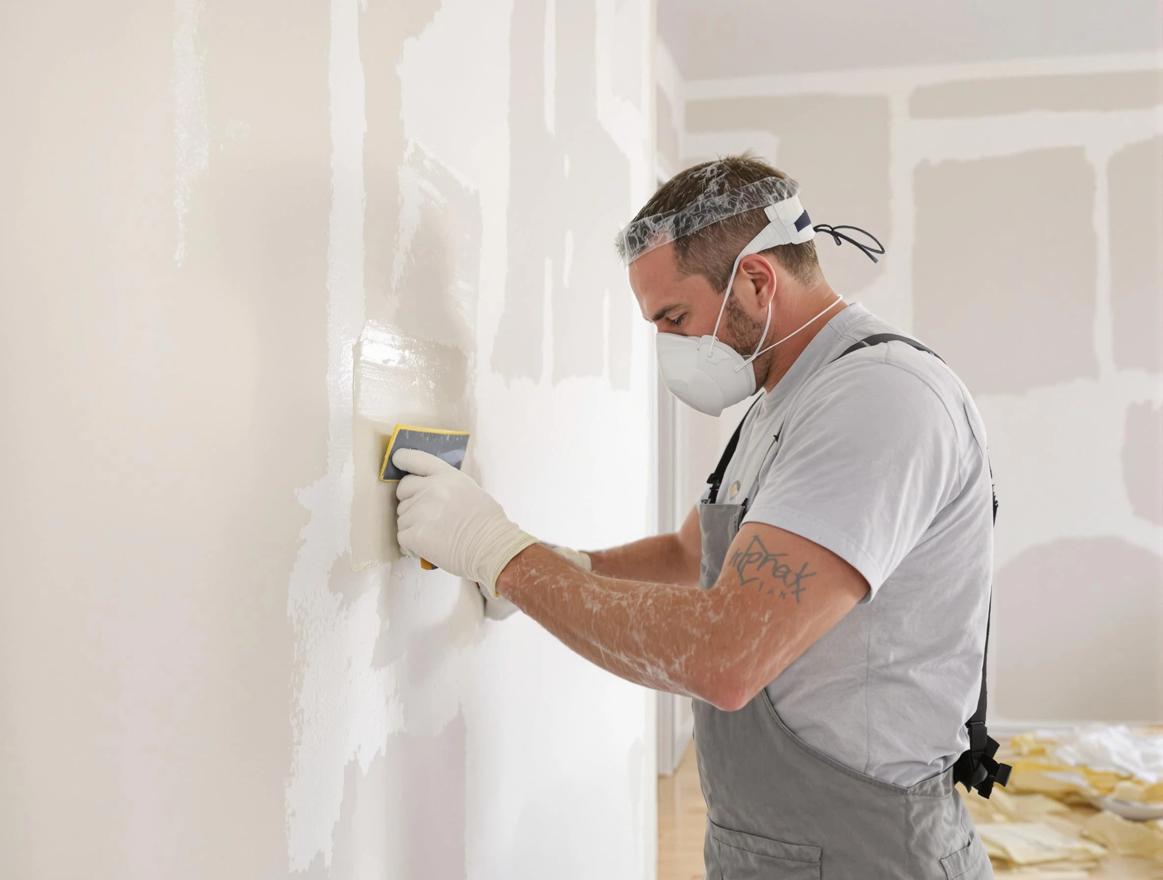 Macedonia House Painters technician applying mud to drywall seams in Macedonia, OH